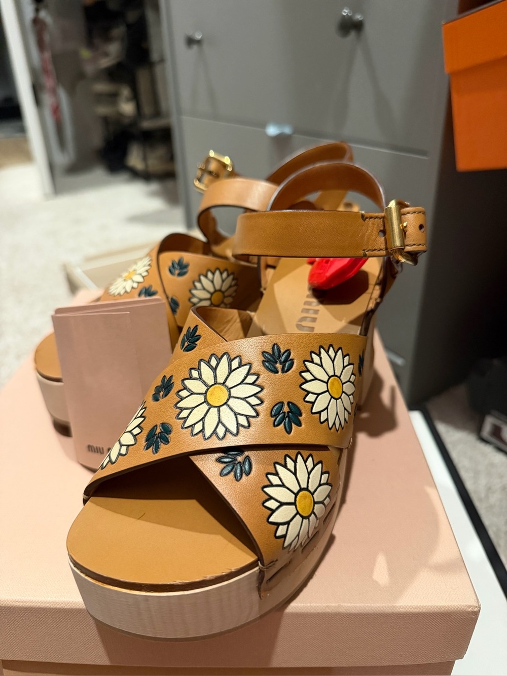 Miu Miu Tan Daisy Platform Sandals with Floral Appliqué